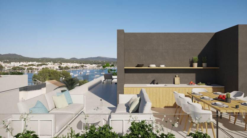 D-3718_8 PROJEKT! Luxus Meerblick-Reihenhaus mit privatem Garten, Pool und herrlichen Meerblick in Portocolom